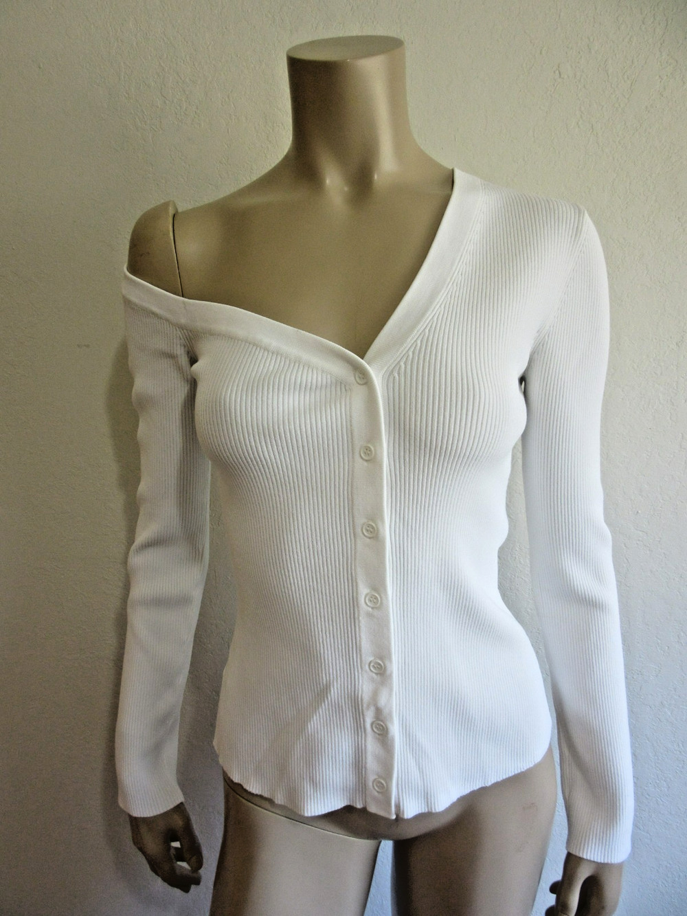 STAUD White Craftsman Ribbed Asymmetrical Neck Long Sleeve Cardigan M Sweater-CA